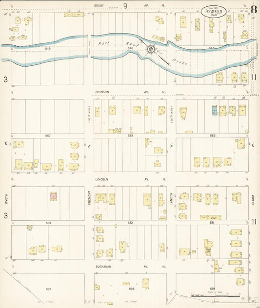 Sanborn Fire Insurance Map from Pocatello, Bannock County, Idaho (1915), Sheet #0008 - Historic Sanborn Fire Insurance Map Print, vintage old map wall art, antique decor, genealogy gift, Idaho Idaho map