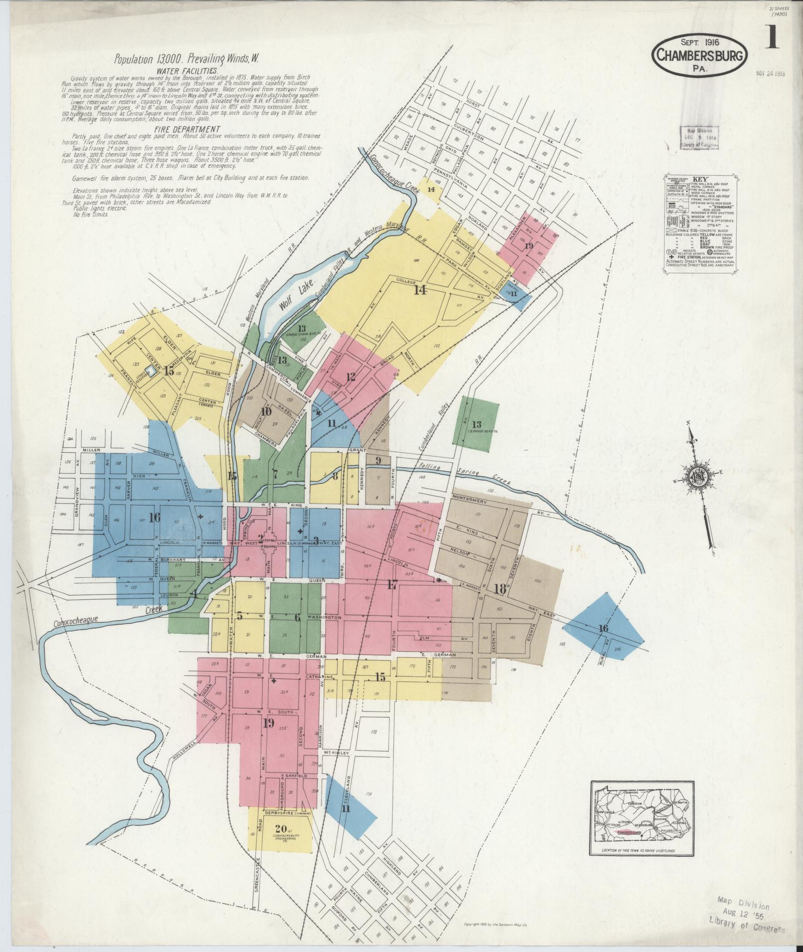 Sanborn Fire Insurance Map from Chambersburg, Franklin County, Pennsylvania (1916), Sheet #0001 - Historic Sanborn Fire Insurance Map Print, vintage old map wall art, antique decor, genealogy gift, Pennsylvania Pennsylvania map