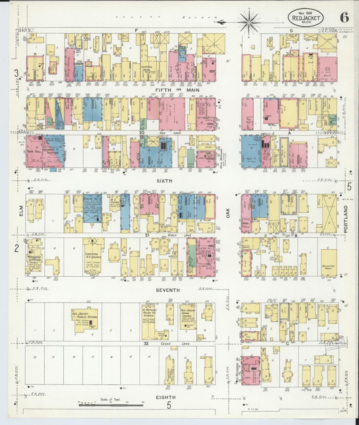 Sanborn Fire Insurance Map from Red Jacket, Houghton County, Michigan (1908), Sheet #0006 - Complete Map Set gallery image, historic Sanborn map, vintage wall art, Michigan Michigan