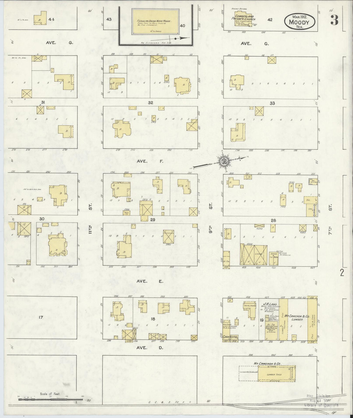 Sanborn Fire Insurance Map from Moody, McLennan County, Texas (1912), Sheet #0003 - Complete Map Set gallery image, historic Sanborn map, vintage wall art, Texas Texas