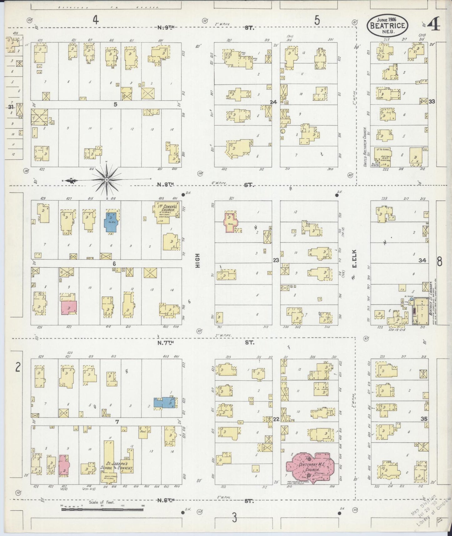 Sanborn Fire Insurance Map from Beatrice, Gage County, Nebraska (1906), Sheet #0004 - Historic Sanborn Fire Insurance Map Print, vintage old map wall art, antique decor, genealogy gift, Nebraska Nebraska map