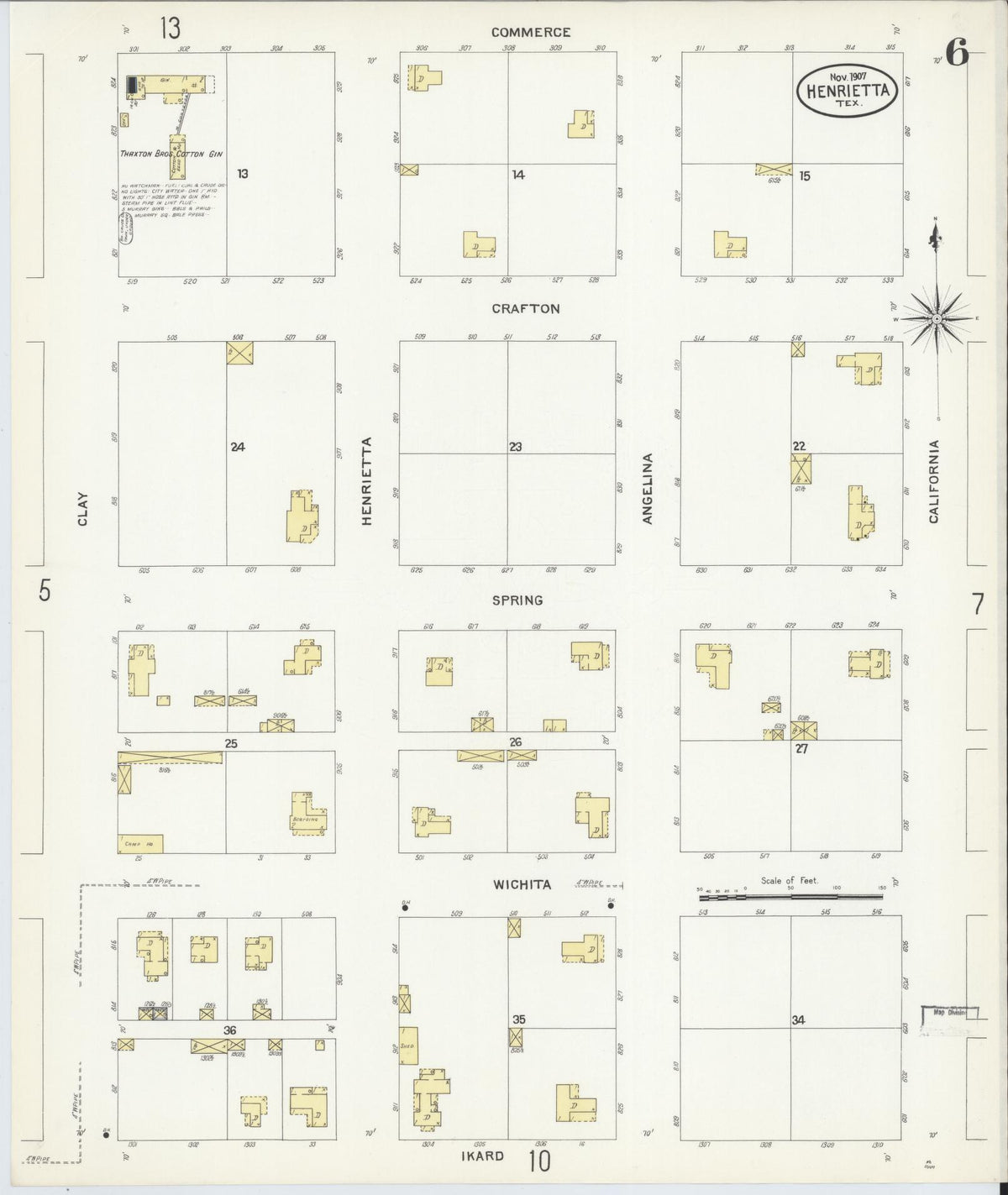 Sanborn Fire Insurance Map from Henrietta, Clay County, Texas (1907), Sheet #0006 - Complete Map Set gallery image, historic Sanborn map, vintage wall art, Texas Texas