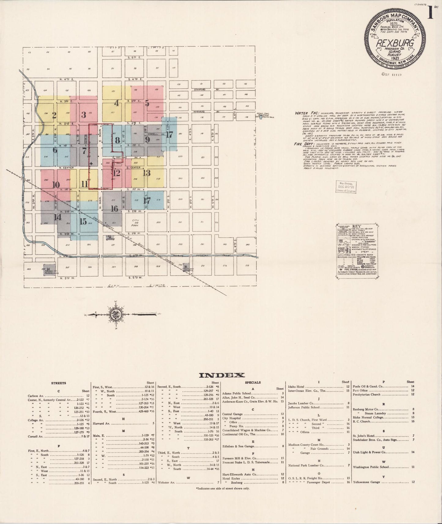 Sanborn Fire Insurance Map from Rexburg, Madison County, Idaho (1921), Sheet #0001 - Historic Sanborn Fire Insurance Map Print, vintage old map wall art, antique decor, genealogy gift, Idaho Idaho map
