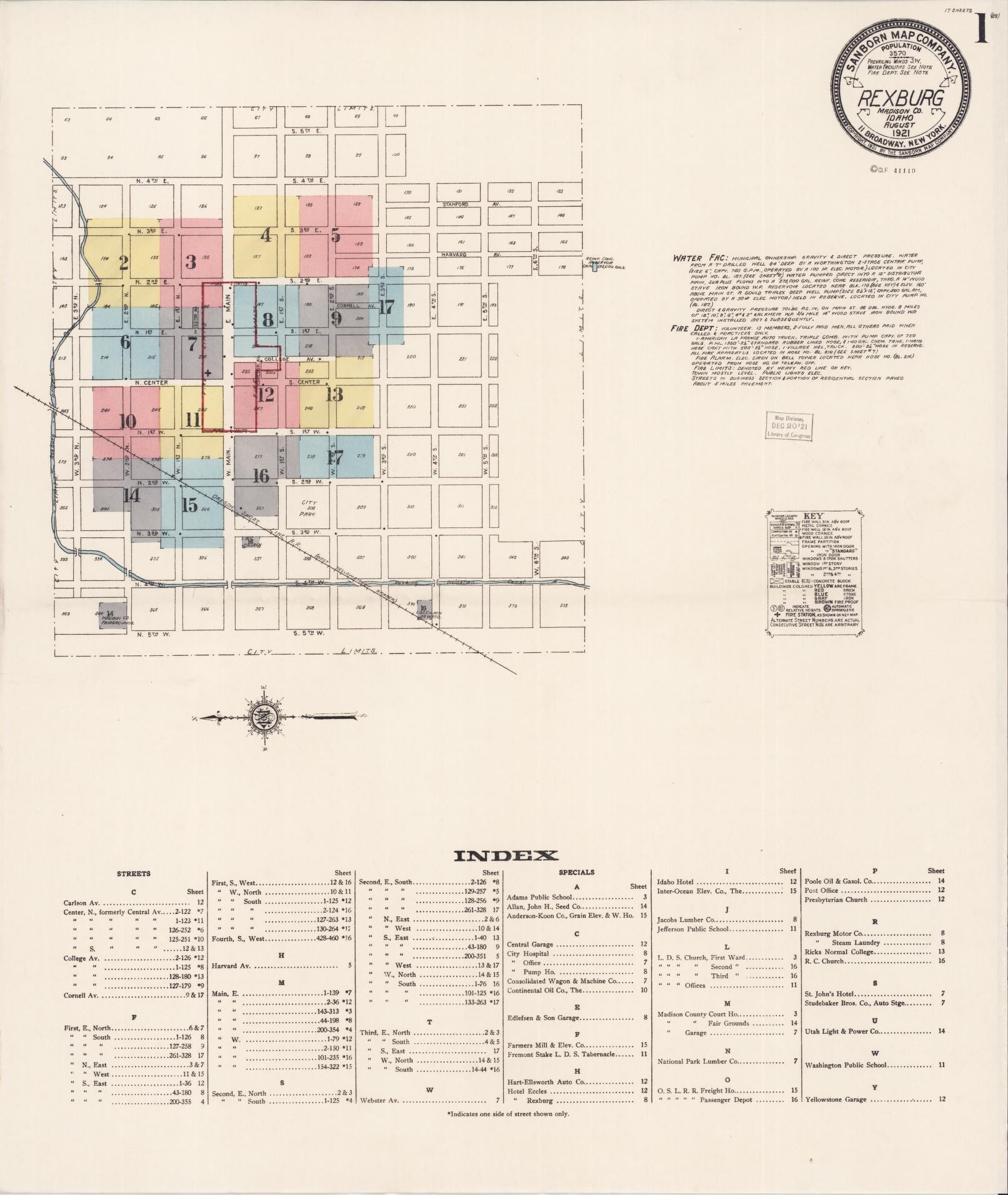 Sanborn Fire Insurance Map from Rexburg, Madison County, Idaho (1921), Sheet #0001 - Historic Sanborn Fire Insurance Map Print, vintage old map wall art, antique decor, genealogy gift, Idaho Idaho map