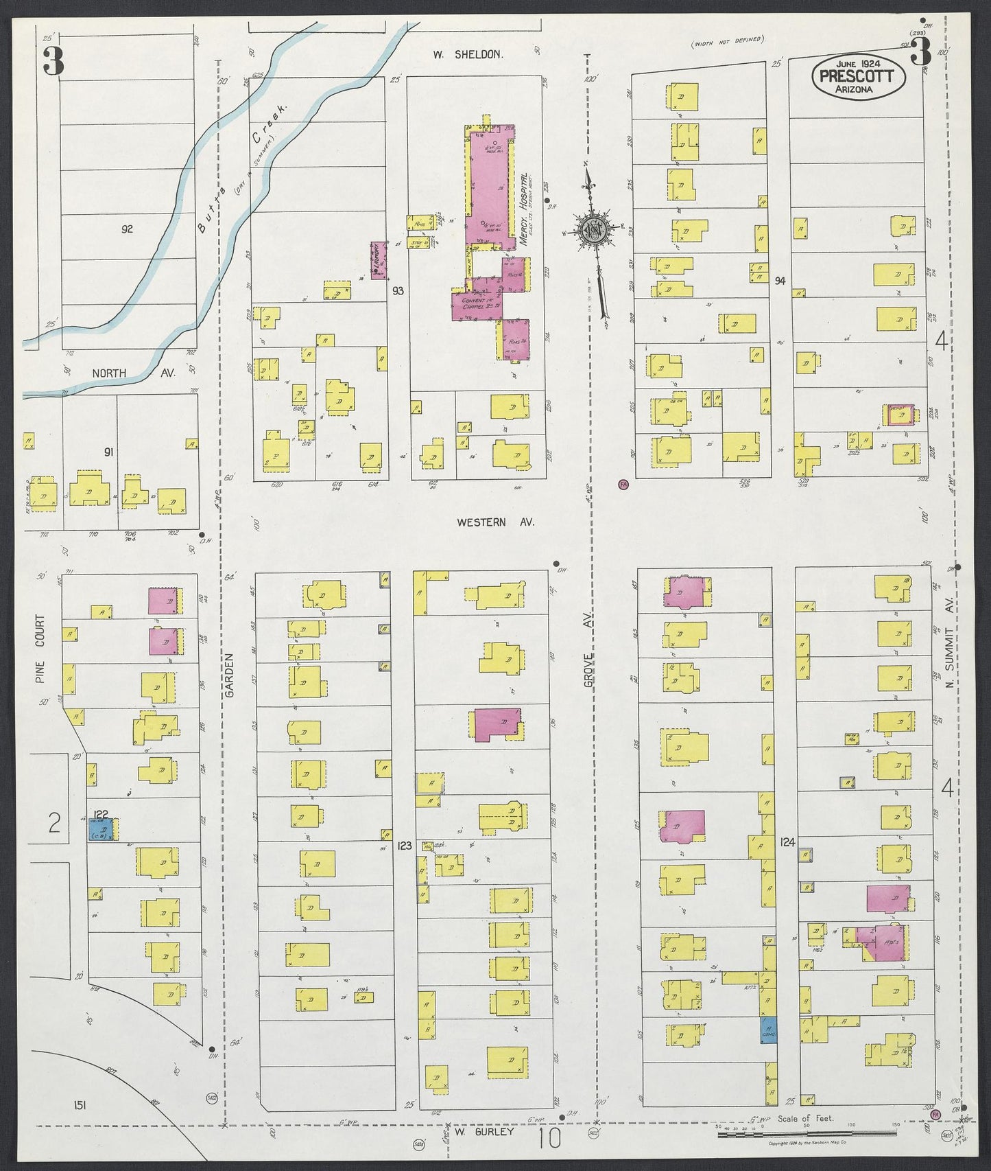 Sanborn Fire Insurance Map from Prescott, Yavapai County, Arizona (1924), Sheet #0003 - Complete Map Set gallery image, historic Sanborn map, vintage wall art, Arizona Arizona