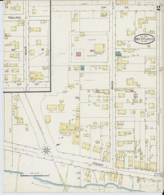 Sanborn Fire Insurance Map from Bay Saint Louis, Hancock County, Mississippi (1893), Sheet #0002 - Historic Sanborn Fire Insurance Map Print, vintage old map wall art, antique decor, genealogy gift, Mississippi Mississippi map