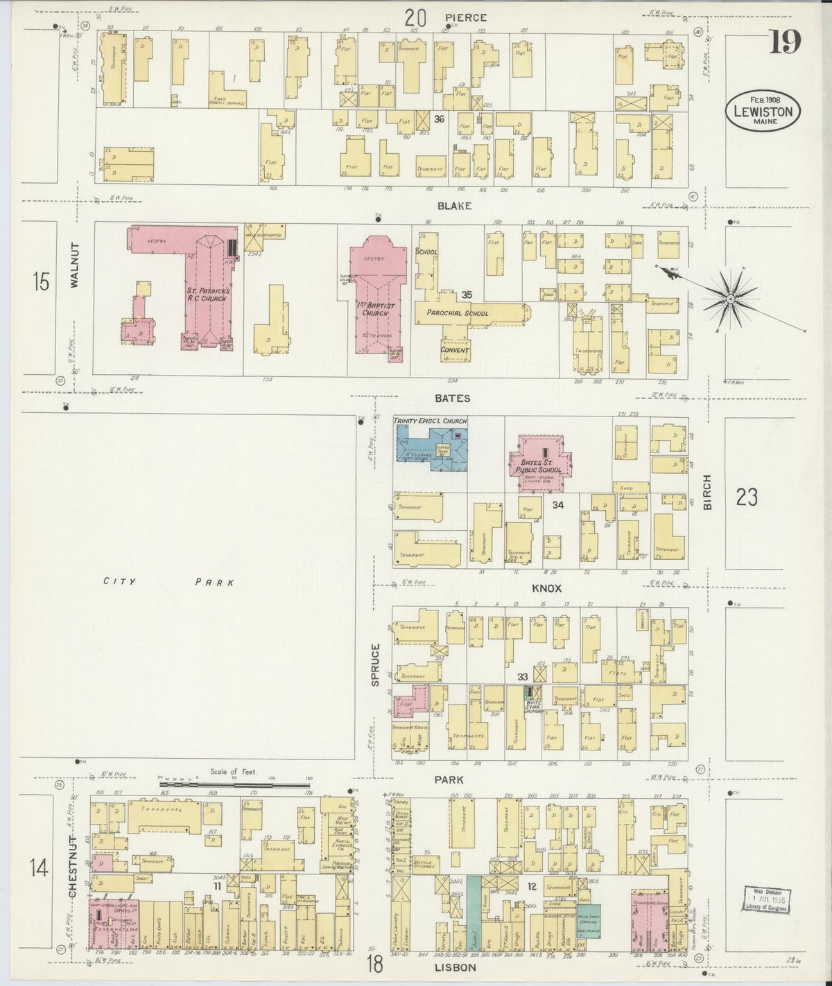 Sanborn Fire Insurance Map from Lewiston, Androscoggin County, Maine (1908), Sheet #0019 - Complete Map Set gallery image, historic Sanborn map, vintage wall art, Maine Maine