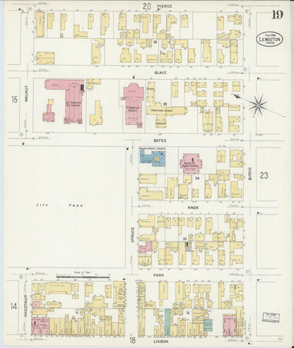 Sanborn Fire Insurance Map from Lewiston, Androscoggin County, Maine (1908), Sheet #0019 - Complete Map Set gallery image, historic Sanborn map, vintage wall art, Maine Maine