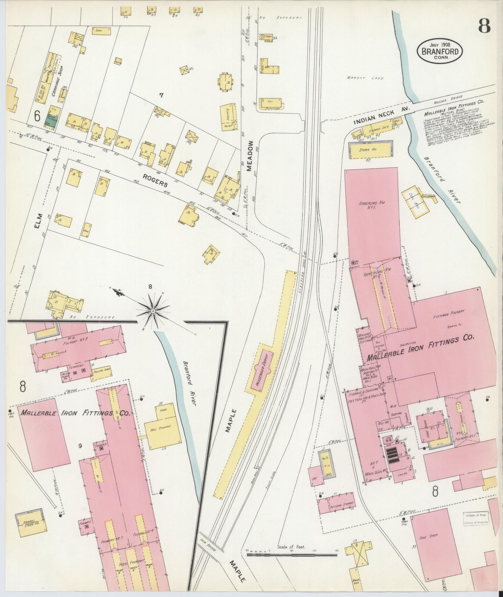Sanborn Fire Insurance Map from Branford, New Haven County, Connecticut (1908), Sheet #0008 - Historic Sanborn Fire Insurance Map Print, vintage old map wall art, antique decor, genealogy gift, Connecticut Connecticut map