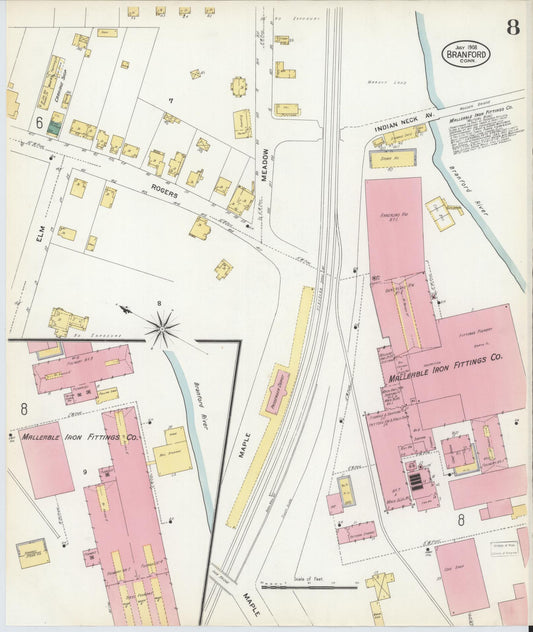 Sanborn Fire Insurance Map from Branford, New Haven County, Connecticut (1908), Sheet #0008 - Historic Sanborn Fire Insurance Map Print, vintage old map wall art, antique decor, genealogy gift, Connecticut Connecticut map