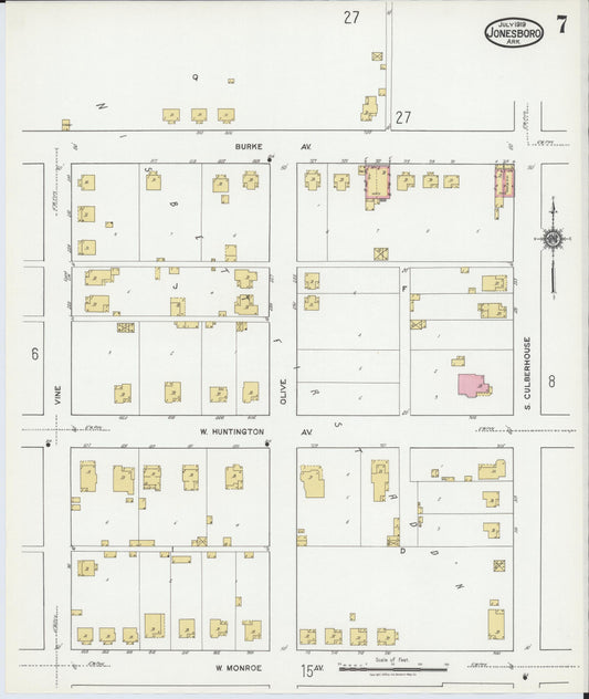 Sanborn Fire Insurance Map from Jonesboro, Craighead County, Arkansas (1919), Sheet #0007 - Historic Sanborn Fire Insurance Map Print, vintage old map wall art, antique decor, genealogy gift, Arkansas Arkansas map