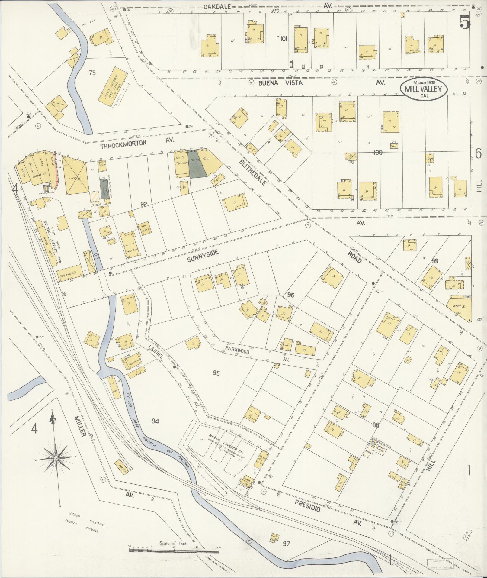 Sanborn Fire Insurance Map from Mill Valley, Marin County, California (1908), Sheet #0005 - Historic Sanborn Fire Insurance Map Print, vintage old map wall art, antique decor, genealogy gift, California California map