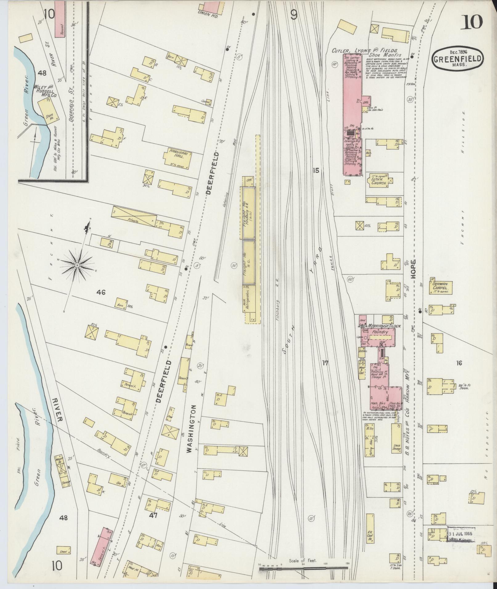 Sanborn Fire Insurance Map from Greenfield, Franklin County, Massachusetts (1896), Sheet #0010 - Historic Sanborn Fire Insurance Map Print, vintage old map wall art, antique decor, genealogy gift, Massachusetts Massachusetts map