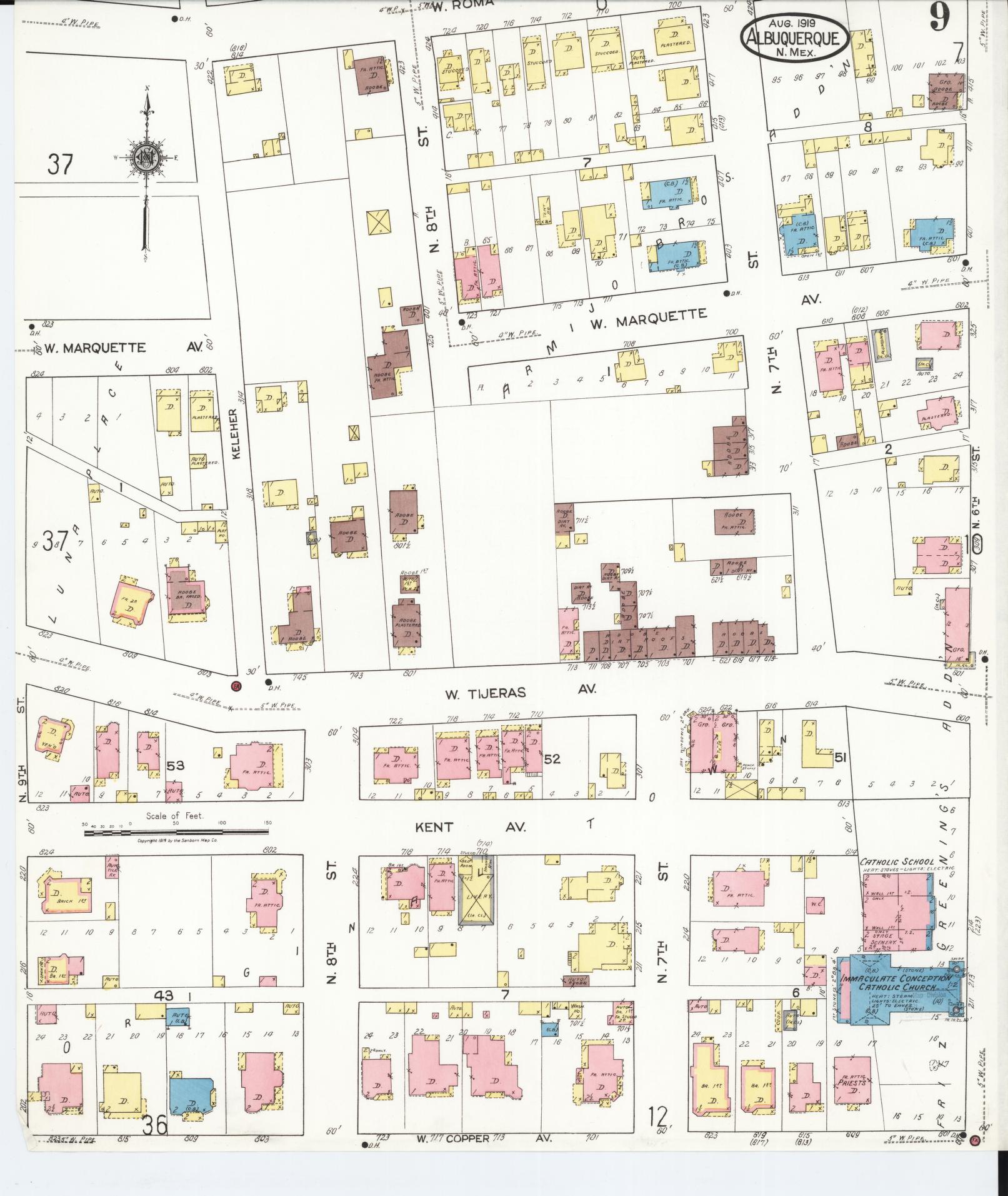 Sanborn Fire Insurance Map from Albuquerque, Bernalillo County, New Mexico (1919), Sheet #0009 - Historic Sanborn Fire Insurance Map Print, vintage old map wall art, antique decor, genealogy gift, New Mexico New Mexico map
