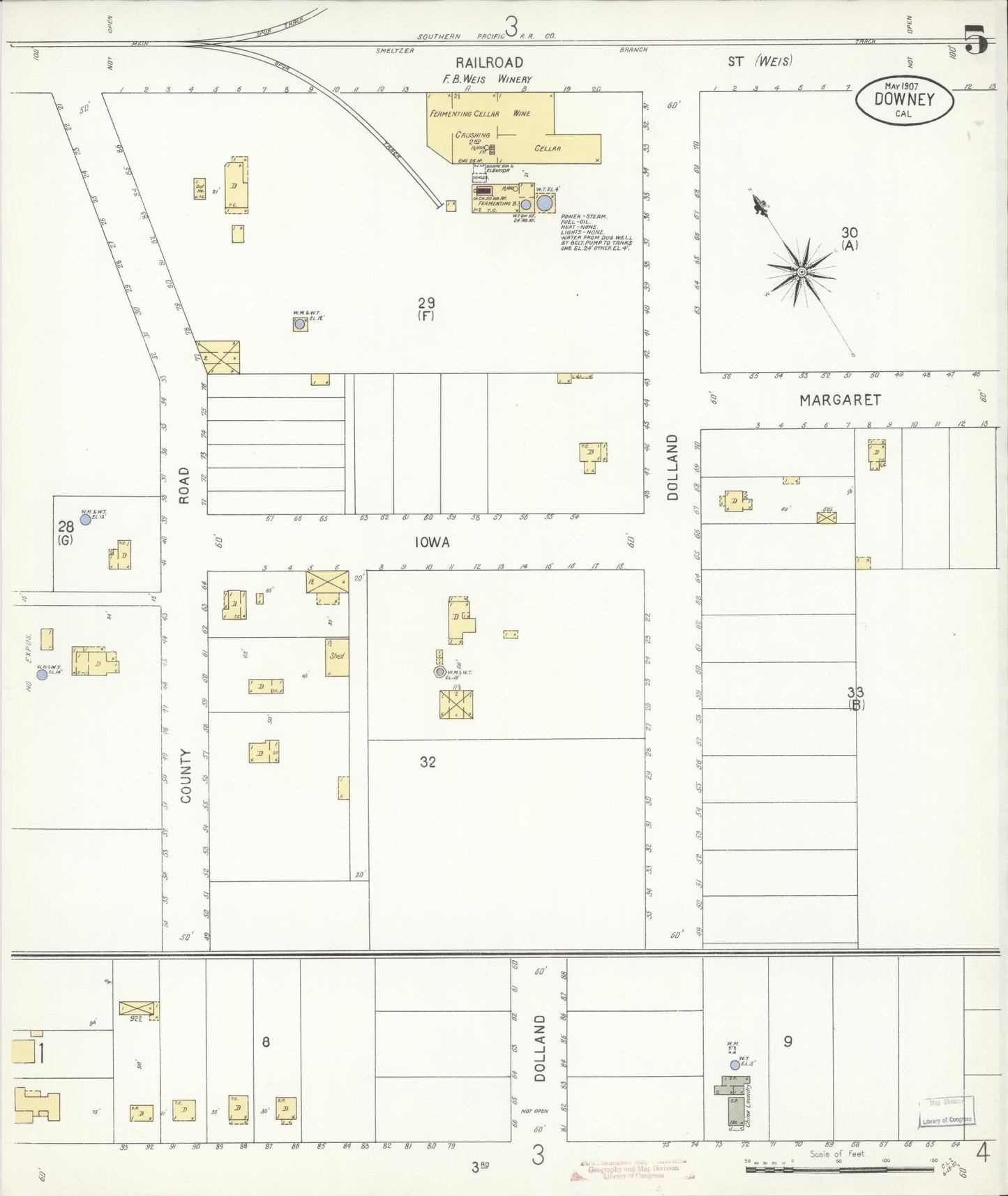 Sanborn Fire Insurance Map from Downey, Los Angeles County, California (1907), Sheet #0005 - Complete Map Set gallery image, historic Sanborn map, vintage wall art, California California