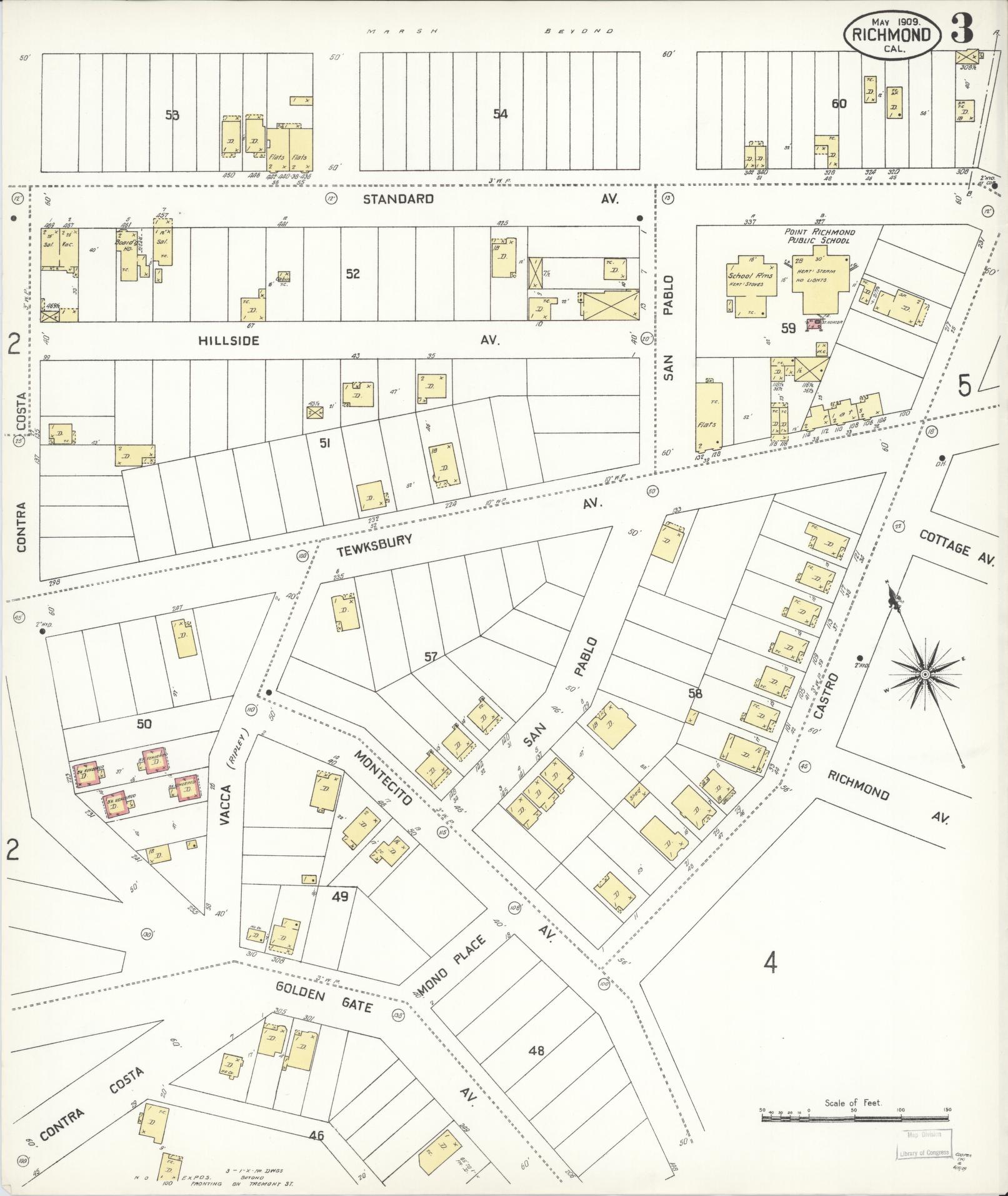 Sanborn Fire Insurance Map from Richmond, Contra Costa County, California (1909), Sheet #0003 - Complete Map Set gallery image, historic Sanborn map, vintage wall art, California California