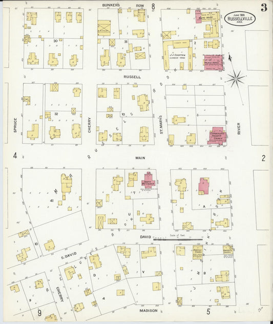 Sanborn Fire Insurance Map from Russellville, Pope County, Arkansas (1908), Sheet #0003 - Historic Sanborn Fire Insurance Map Print, vintage old map wall art, antique decor, genealogy gift, Arkansas Arkansas map