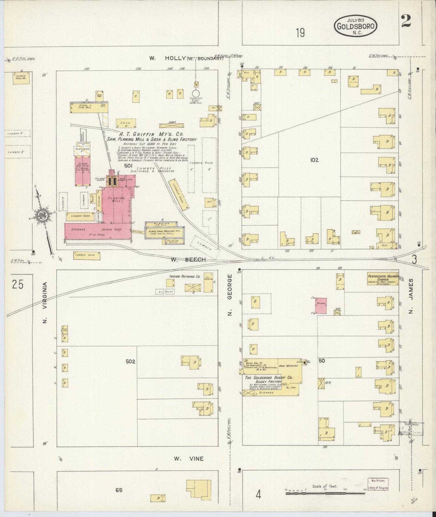 Sanborn Fire Insurance Map from Goldsboro, Wayne County, North Carolina (1913), Sheet #0002 - Complete Map Set gallery image, historic Sanborn map, vintage wall art, North Carolina North Carolina