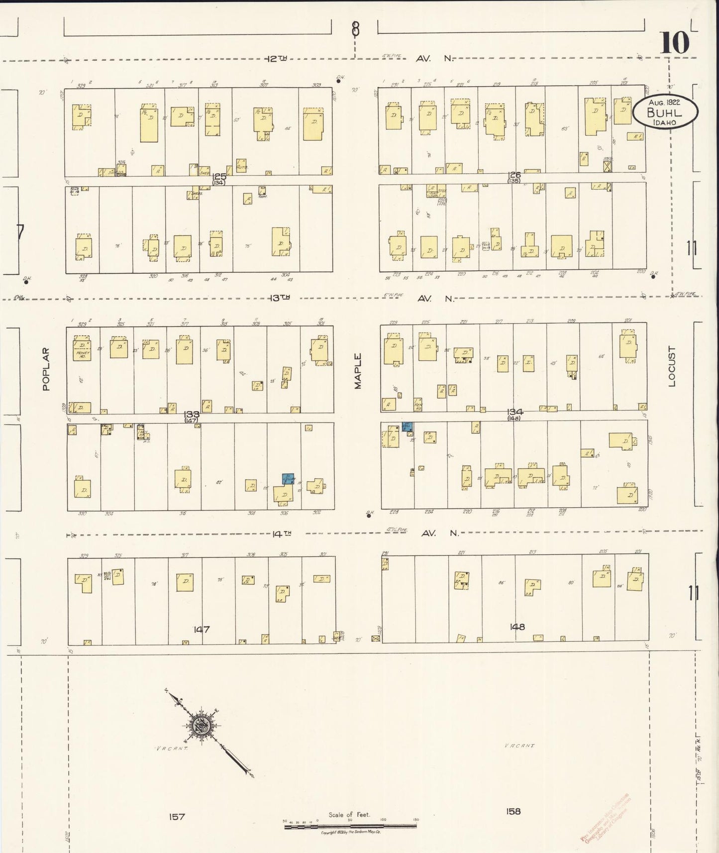 Sanborn Fire Insurance Map from Buhl, Twin Falls County, Idaho (1922), Sheet #0010 - Historic Sanborn Fire Insurance Map Print, vintage old map wall art, antique decor, genealogy gift, Falls Idaho map