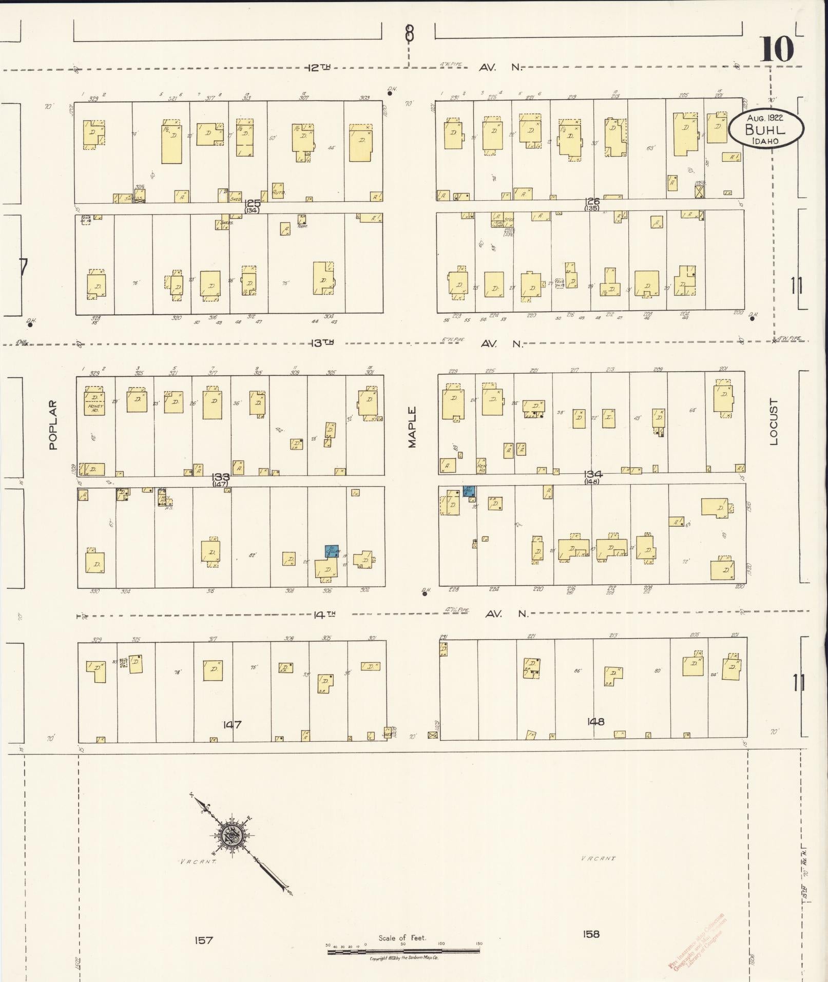 Sanborn Fire Insurance Map from Buhl, Twin Falls County, Idaho (1922), Sheet #0010 - Historic Sanborn Fire Insurance Map Print, vintage old map wall art, antique decor, genealogy gift, Falls Idaho map