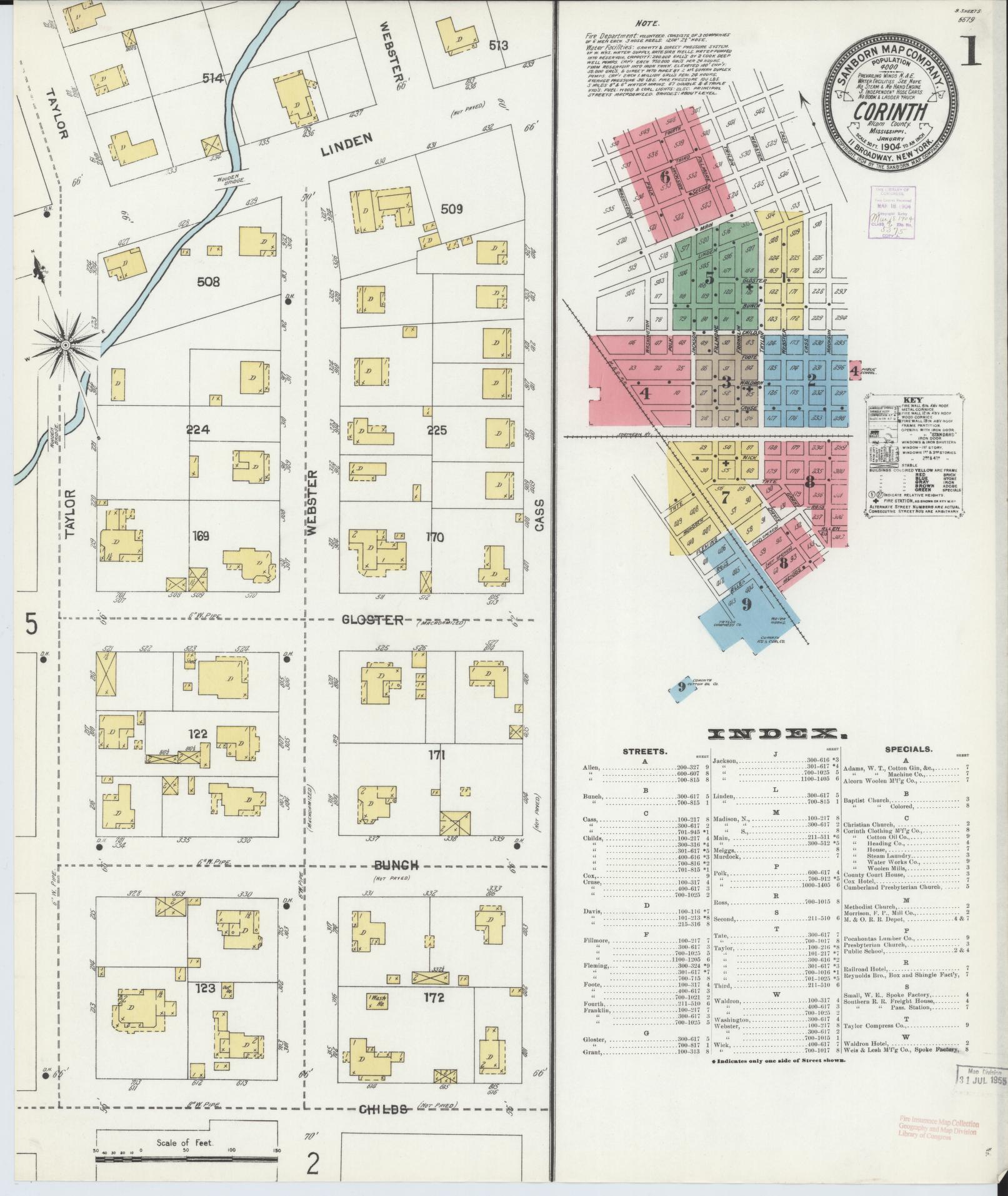 Sanborn Fire Insurance Map from Corinth, Alcorn County, Mississippi (1904), Sheet #0001 - Complete Map Set gallery image, historic Sanborn map, vintage wall art, Mississippi Mississippi