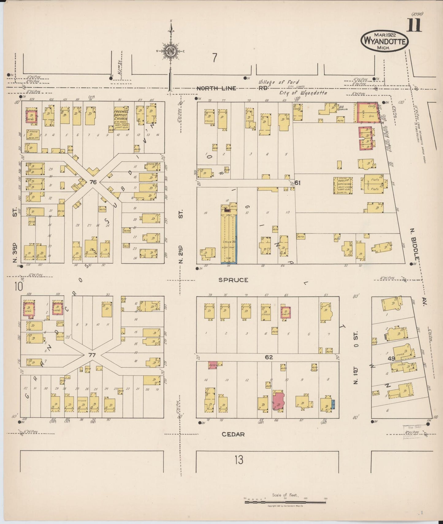 Sanborn Fire Insurance Map from Wyandotte, Wayne County, Michigan (1922), Sheet #0011 - Historic Sanborn Fire Insurance Map Print, vintage old map wall art, antique decor, genealogy gift, Michigan Michigan map