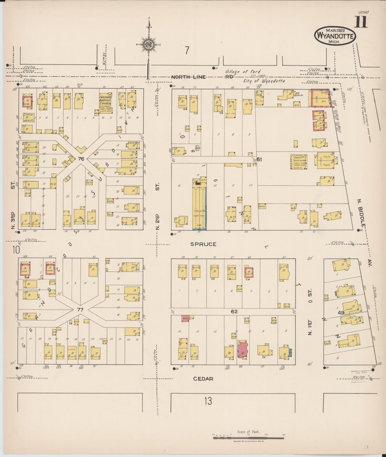 Sanborn Fire Insurance Map from Wyandotte, Wayne County, Michigan (1922), Sheet #0011 - Historic Sanborn Fire Insurance Map Print, vintage old map wall art, antique decor, genealogy gift, Michigan Michigan map