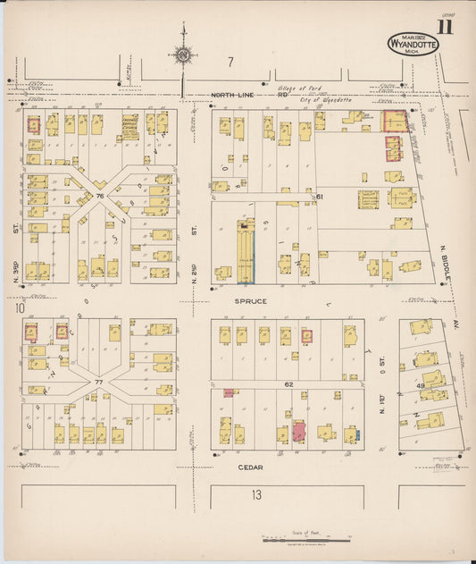 Sanborn Fire Insurance Map from Wyandotte, Wayne County, Michigan (1922), Sheet #0011 - Historic Sanborn Fire Insurance Map Print, vintage old map wall art, antique decor, genealogy gift, Michigan Michigan map