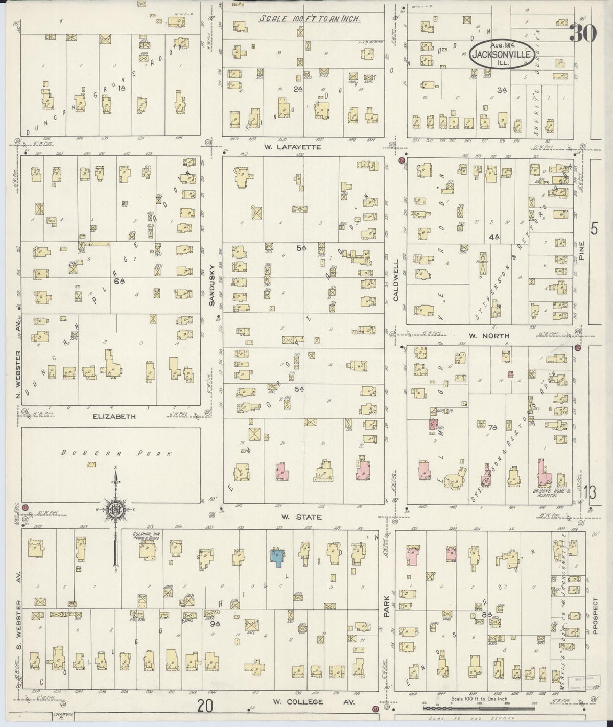 Sanborn Fire Insurance Map from Jacksonville, Morgan County, Illinois (1914), Sheet #0030 - Complete Map Set gallery image, historic Sanborn map, vintage wall art, Illinois Illinois