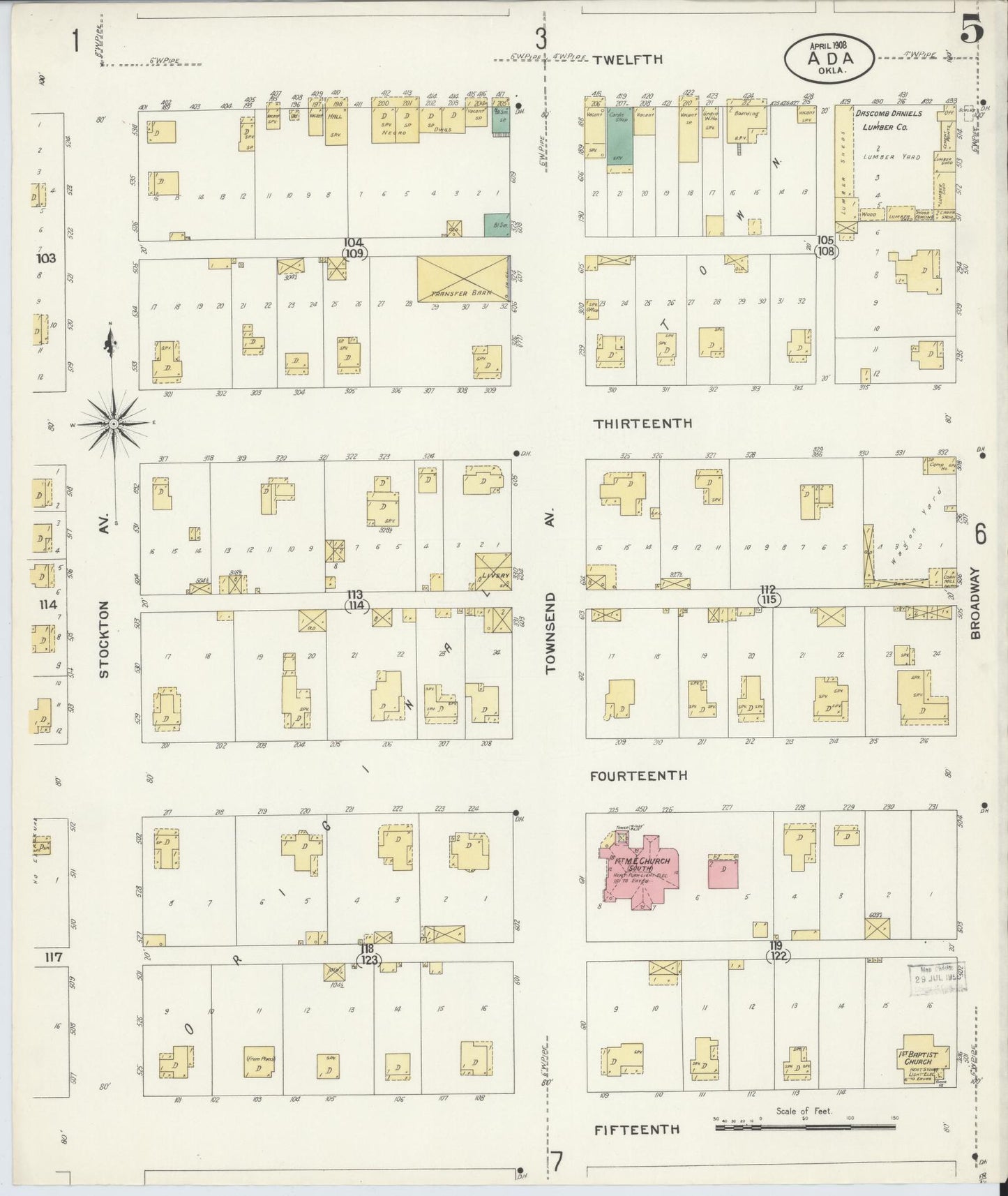 Sanborn Fire Insurance Map from Ada, Pontotoc County, Oklahoma (1908), Sheet #0005 - Historic Sanborn Fire Insurance Map Print, vintage old map wall art, antique decor, genealogy gift, Oklahoma Oklahoma map