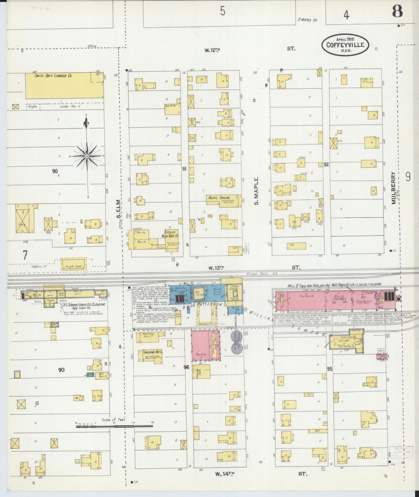Sanborn Fire Insurance Map from Coffeyville, Montgomery County, Kansas (1905), Sheet #0008 - Historic Sanborn Fire Insurance Map Print, vintage old map wall art, antique decor, genealogy gift, Kansas Kansas map