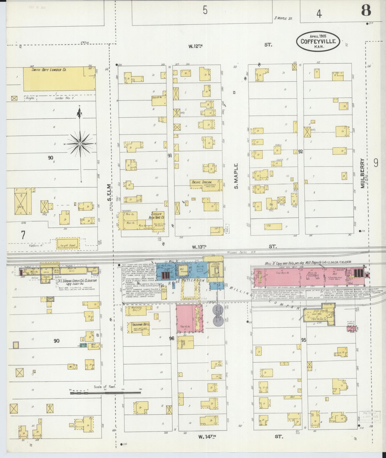 Sanborn Fire Insurance Map from Coffeyville, Montgomery County, Kansas (1905), Sheet #0008 - Historic Sanborn Fire Insurance Map Print, vintage old map wall art, antique decor, genealogy gift, Kansas Kansas map