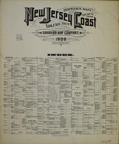 Sanborn Fire Insurance Map from New Jersey Coast, New Jersey Coast, New Jersey (1909), Sheet #0001 - Historic Sanborn Fire Insurance Map Print, vintage old map wall art, antique decor, genealogy gift, New Jersey Coast New Jersey map