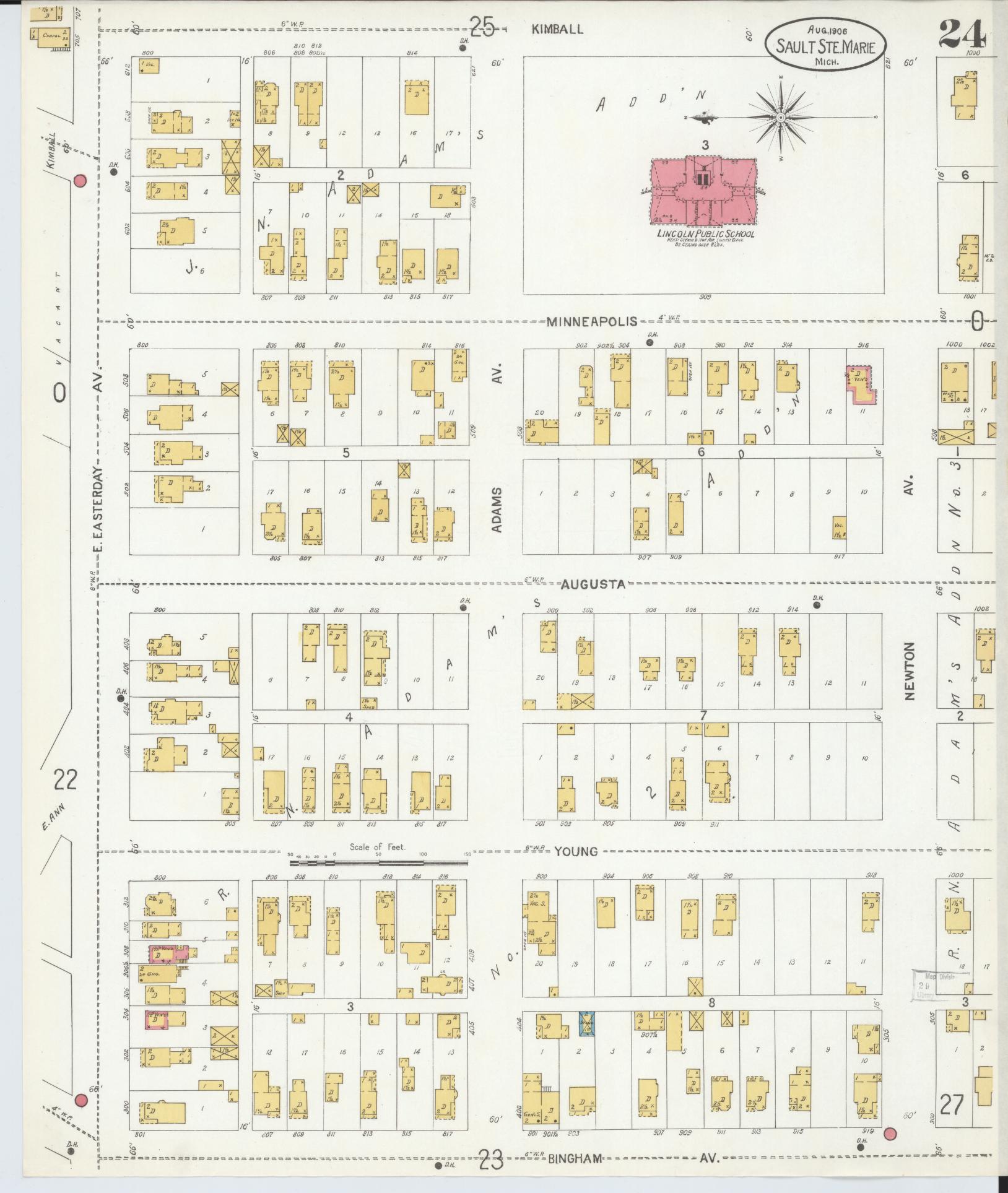 Sanborn Fire Insurance Map from Sault Sainte Marie, Chippewa County, Michigan (1906), Sheet #0024 - Historic Sanborn Fire Insurance Map Print, vintage old map wall art, antique decor, genealogy gift, Michigan Michigan map
