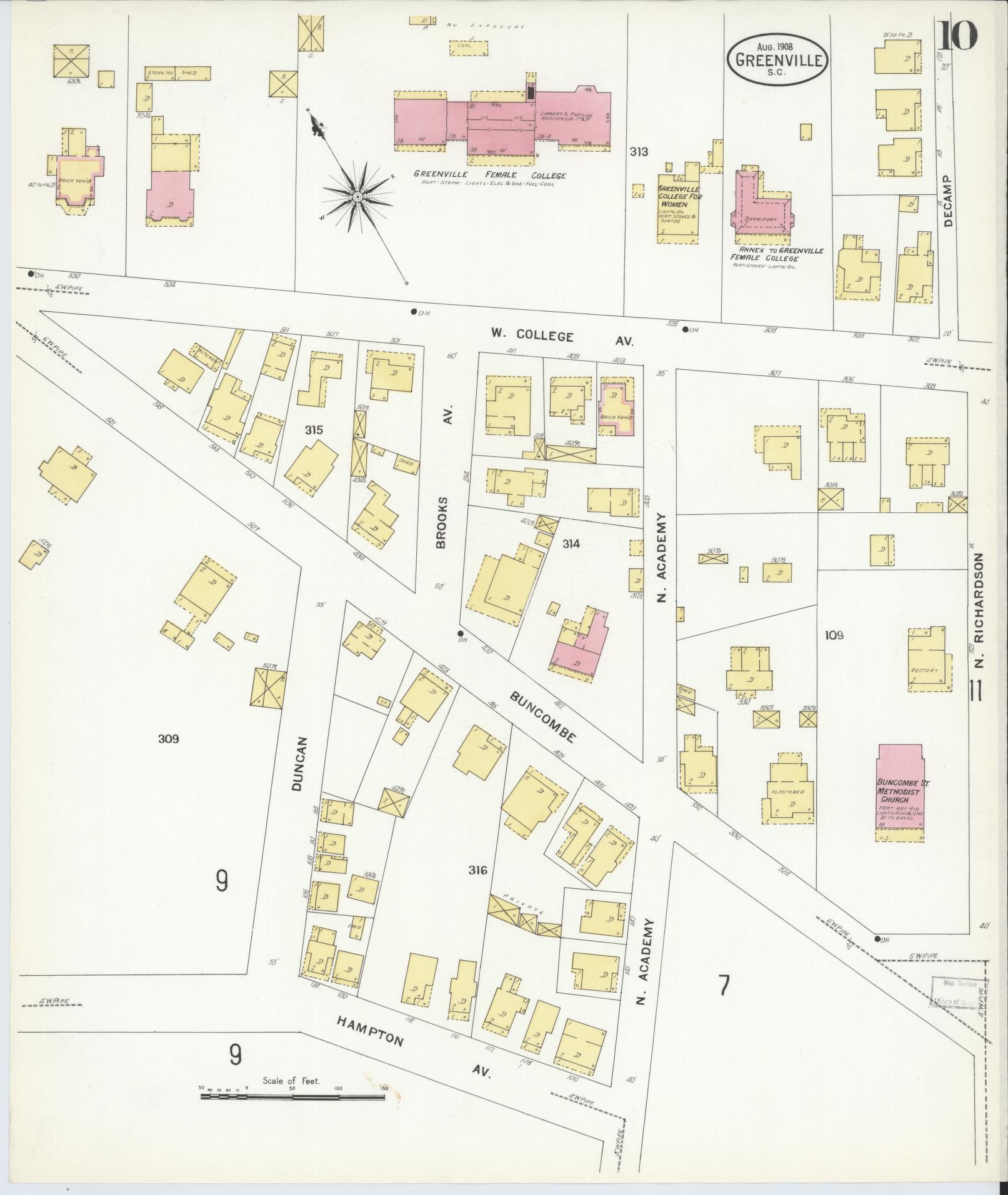 Sanborn Fire Insurance Map from Greenville, Greenville County, South Carolina (1908), Sheet #0010 - Complete Map Set gallery image, historic Sanborn map, vintage wall art, South Carolina South Carolina