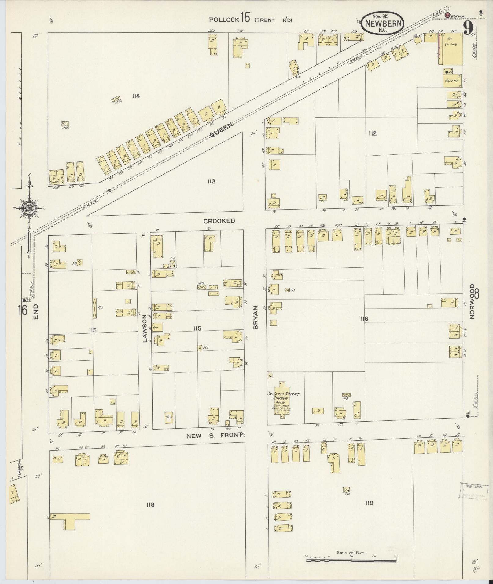 Sanborn Fire Insurance Map from New Bern, Craven County, North Carolina (1913), Sheet #0009 - Historic Sanborn Fire Insurance Map Print, vintage old map wall art, antique decor, genealogy gift, North Carolina North Carolina map