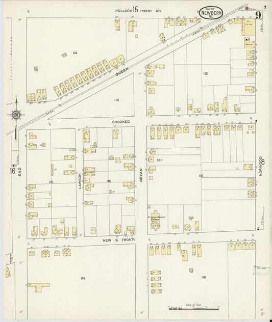 Sanborn Fire Insurance Map from New Bern, Craven County, North Carolina (1913), Sheet #0009 - Historic Sanborn Fire Insurance Map Print, vintage old map wall art, antique decor, genealogy gift, North Carolina North Carolina map