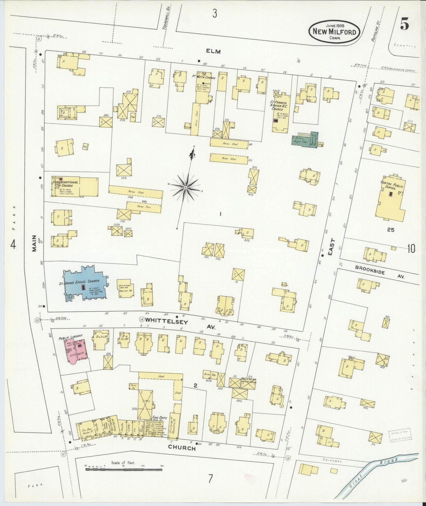 Sanborn Fire Insurance Map from New Milford, Litchfield County, Connecticut (1909), Sheet #0005 - Complete Map Set gallery image, historic Sanborn map, vintage wall art, Connecticut Connecticut