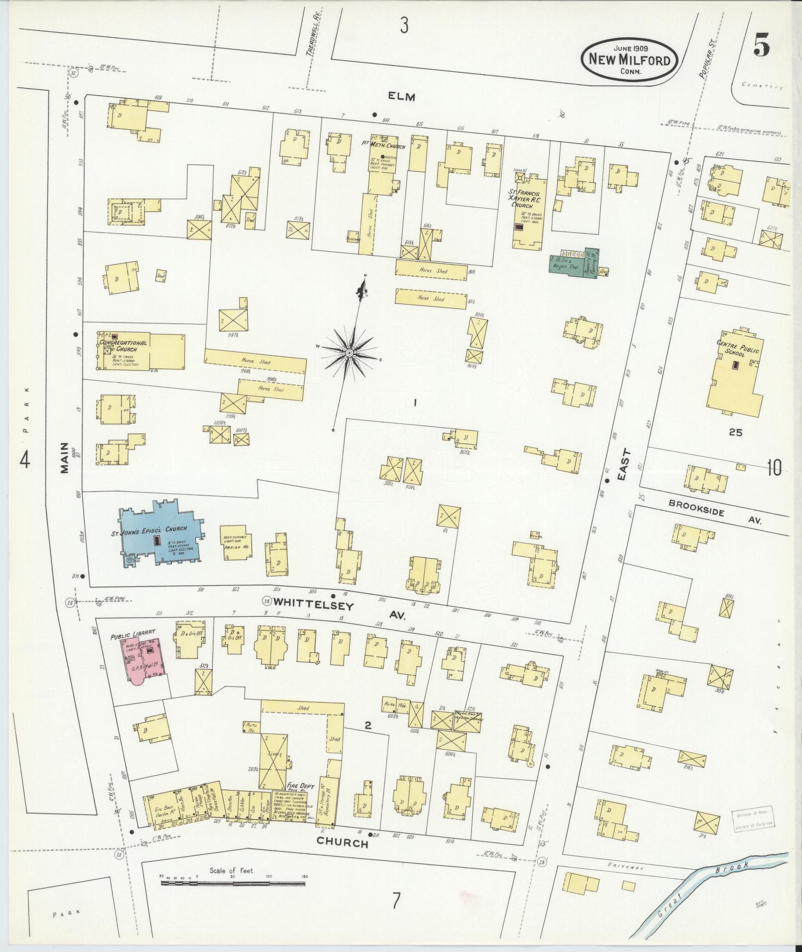 Sanborn Fire Insurance Map from New Milford, Litchfield County, Connecticut (1909), Sheet #0005 - Complete Map Set gallery image, historic Sanborn map, vintage wall art, Connecticut Connecticut