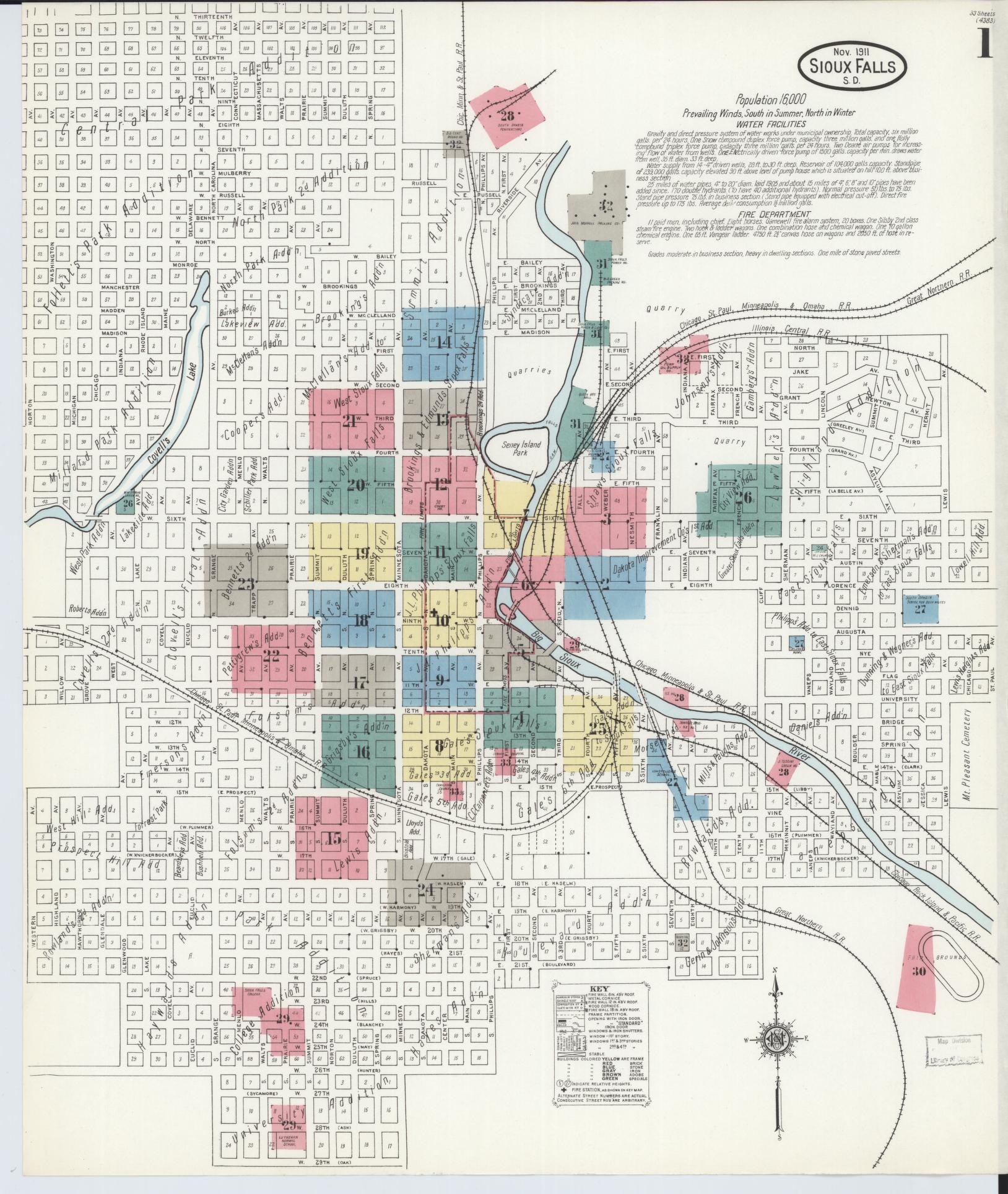 Sanborn Fire Insurance Map from Sioux Falls, Minnehaha County, South Dakota (1911), Sheet #0001 - Complete Map Set gallery image, historic Sanborn map, vintage wall art, South Dakota South Dakota