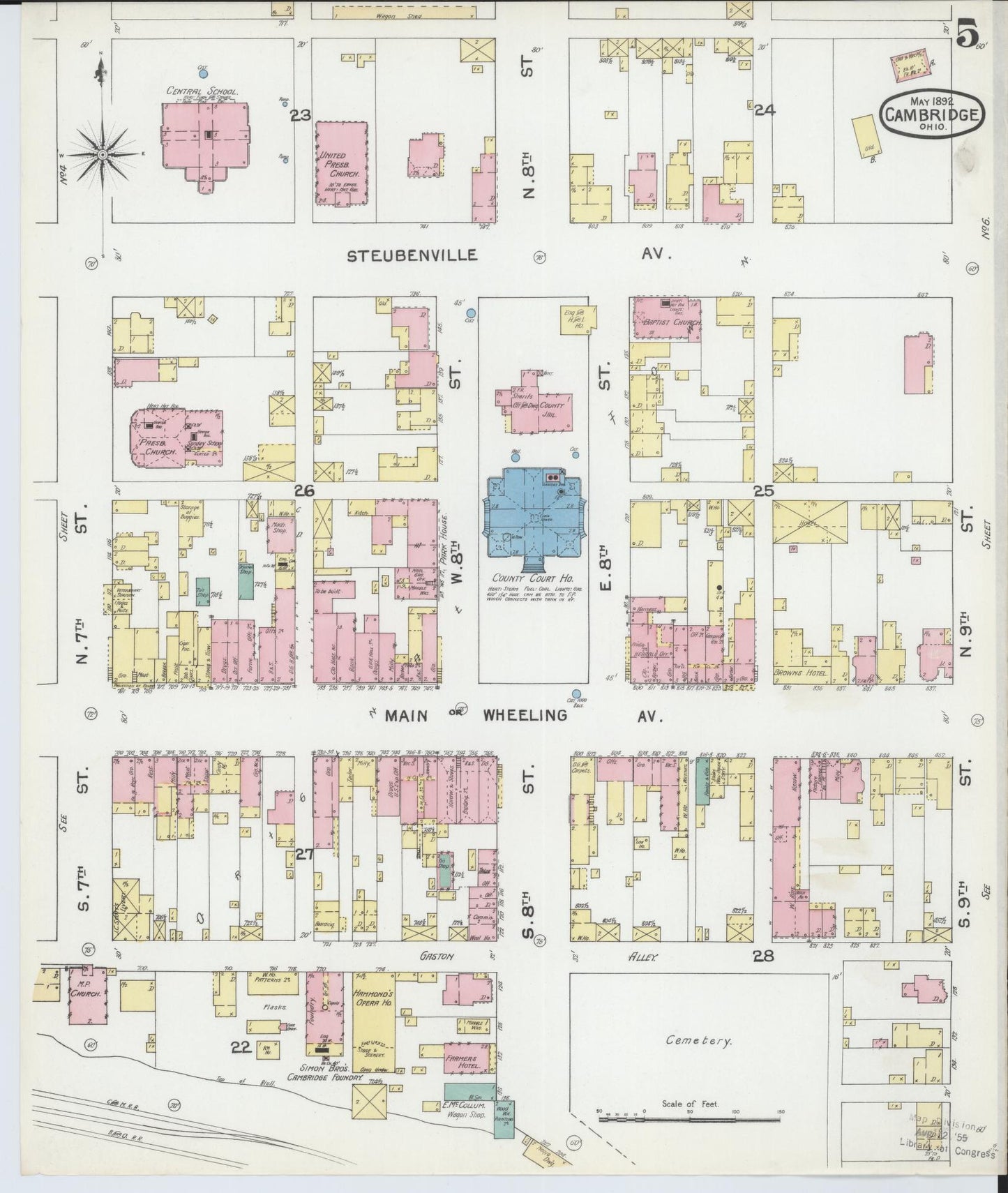 Sanborn Fire Insurance Map from Cambridge, Guernsey County, Ohio (1892), Sheet #0005 - Historic Sanborn Fire Insurance Map Print, vintage old map wall art, antique decor, genealogy gift, Ohio Ohio map