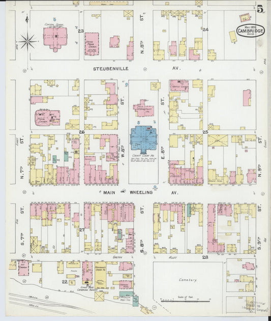 Sanborn Fire Insurance Map from Cambridge, Guernsey County, Ohio (1892), Sheet #0005 - Historic Sanborn Fire Insurance Map Print, vintage old map wall art, antique decor, genealogy gift, Ohio Ohio map
