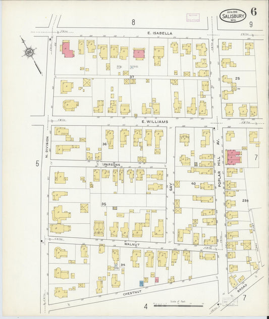 Sanborn Fire Insurance Map from Salisbury, Wicomico County, Maryland (1916), Sheet #0006 - Historic Sanborn Fire Insurance Map Print, vintage old map wall art, antique decor, genealogy gift, Maryland Maryland map