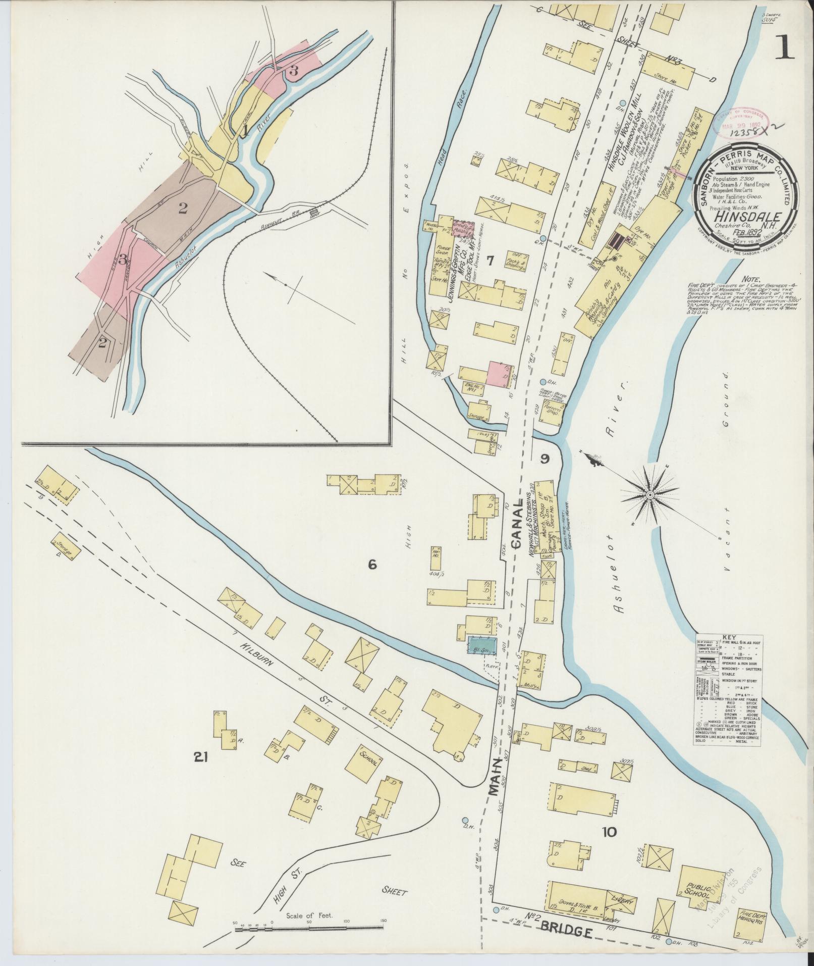 Sanborn Fire Insurance Map from Hinsdale, Cheshire County, New Hampshire (1892), Sheet #0001 - Historic Sanborn Fire Insurance Map Print, vintage old map wall art, antique decor, genealogy gift, New Hampshire New Hampshire map