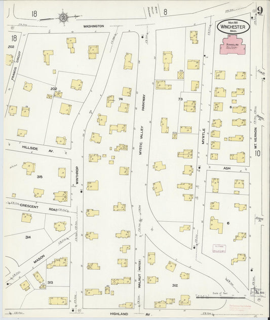 Sanborn Fire Insurance Map from Winchester, Middlesex County, Massachusetts (1910), Sheet #0009 - Historic Sanborn Fire Insurance Map Print, vintage old map wall art, antique decor, genealogy gift, Massachusetts Massachusetts map