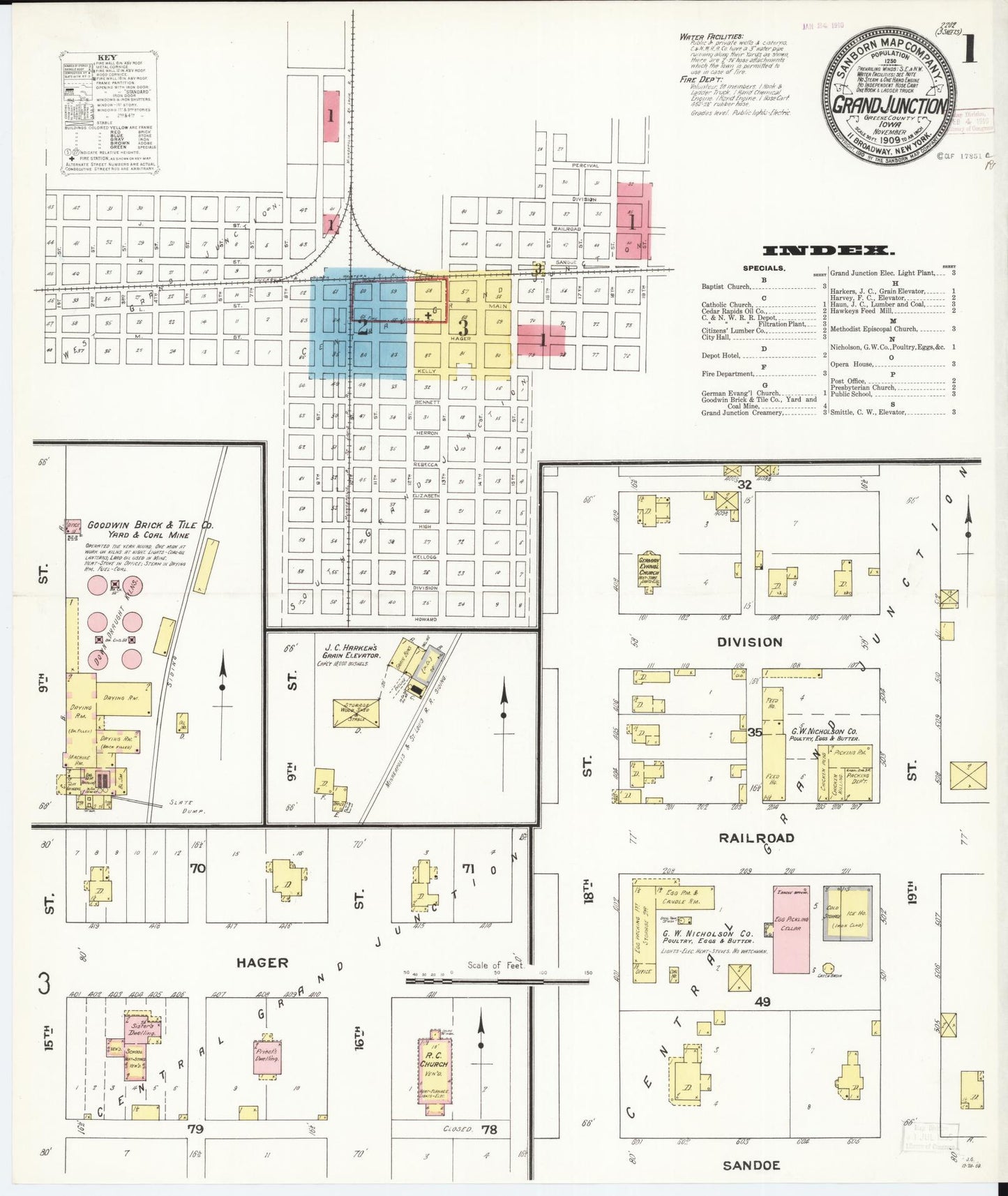 Sanborn Fire Insurance Map from Grand Junction, Greene County, Iowa (1909), Sheet #0001 - Historic Sanborn Fire Insurance Map Print, vintage old map wall art