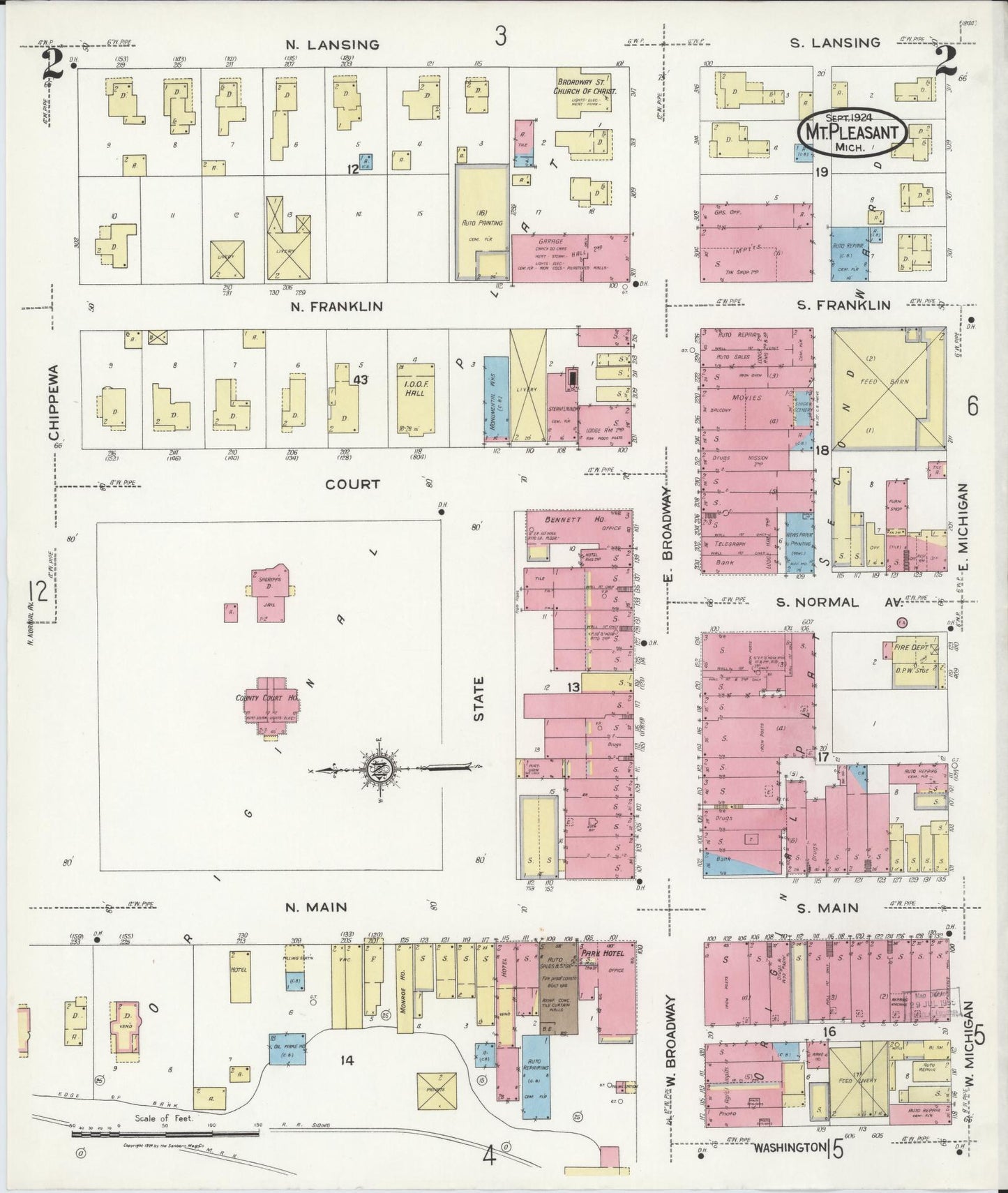 Sanborn Fire Insurance Map from Mount Pleasant, Isabella County, Michigan (1924), Sheet #0002 - Complete Map Set gallery image, historic Sanborn map, vintage wall art, Michigan Michigan
