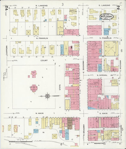 Sanborn Fire Insurance Map from Mount Pleasant, Isabella County, Michigan (1924), Sheet #0002 - Complete Map Set gallery image, historic Sanborn map, vintage wall art, Michigan Michigan