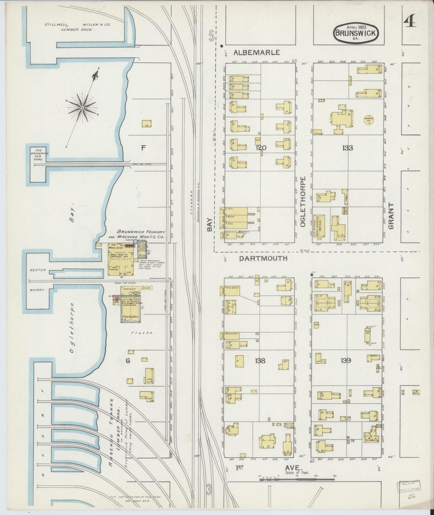 Sanborn Fire Insurance Map from Brunswick, Glynn County, Georgia (1893), Sheet #0004 - Complete Map Set gallery image, historic Sanborn map, vintage wall art, Georgia Georgia