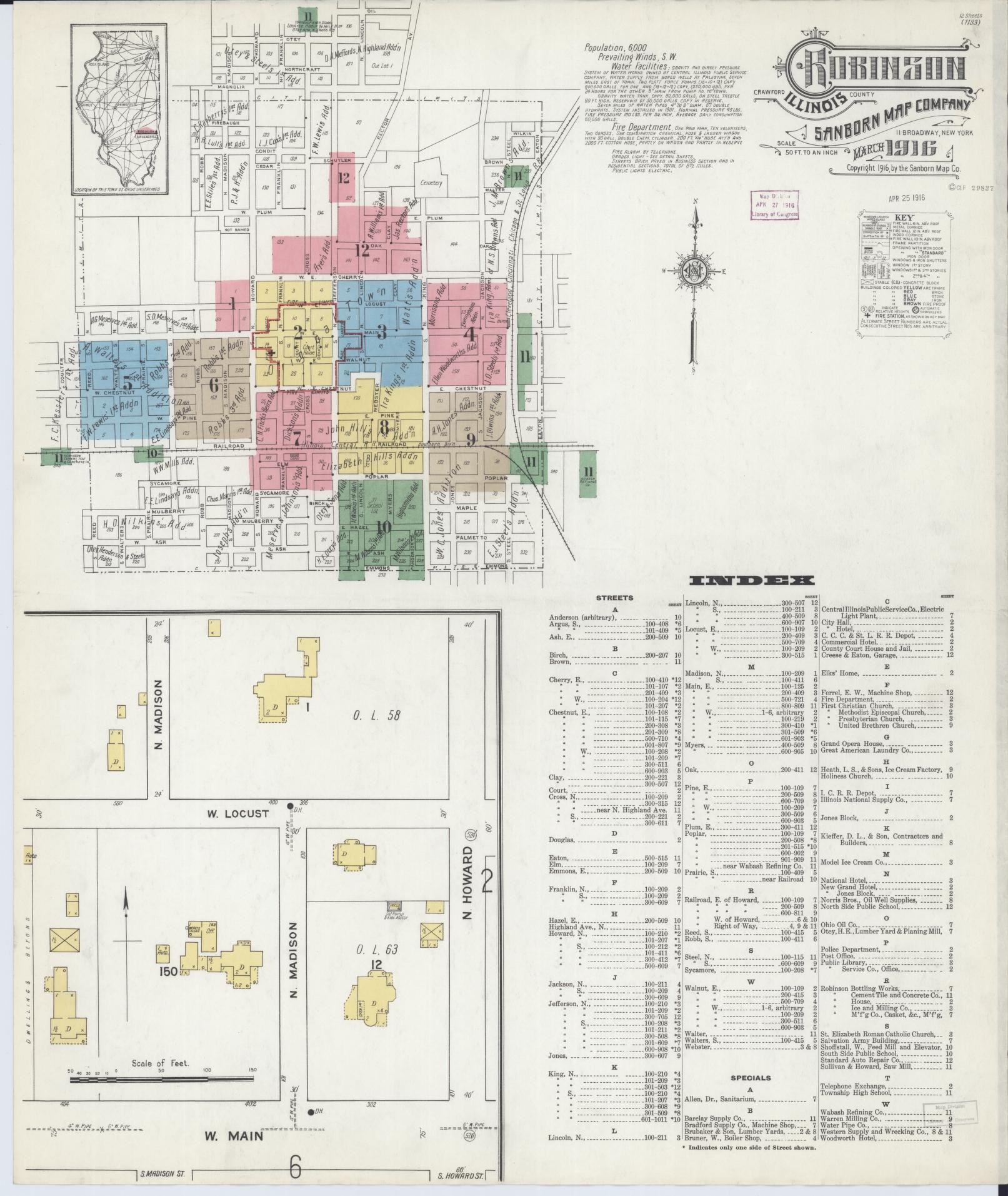 Sanborn Fire Insurance Map from Robinson, Crawford County, Illinois (1916), Sheet #0001 - Complete Map Set gallery image, historic Sanborn map, vintage wall art, Illinois Illinois